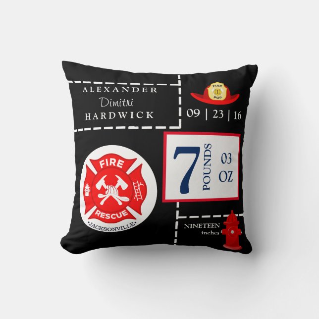 Fireman Rescue Fire Boy's Birth Stats Keepsake Throw Pillow (Front)