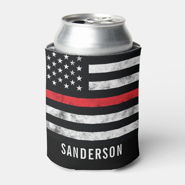 Fireman Retirement Thin Red Line Flag Firefighter Can Cooler (Can Front)