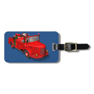 Fireman Santa Claus In Vintage Fire Apparatus Luggage Tag