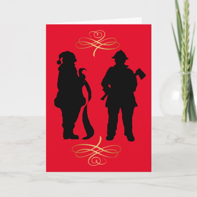 Fireman & Santa Silhouettes Christmas Card (Front)