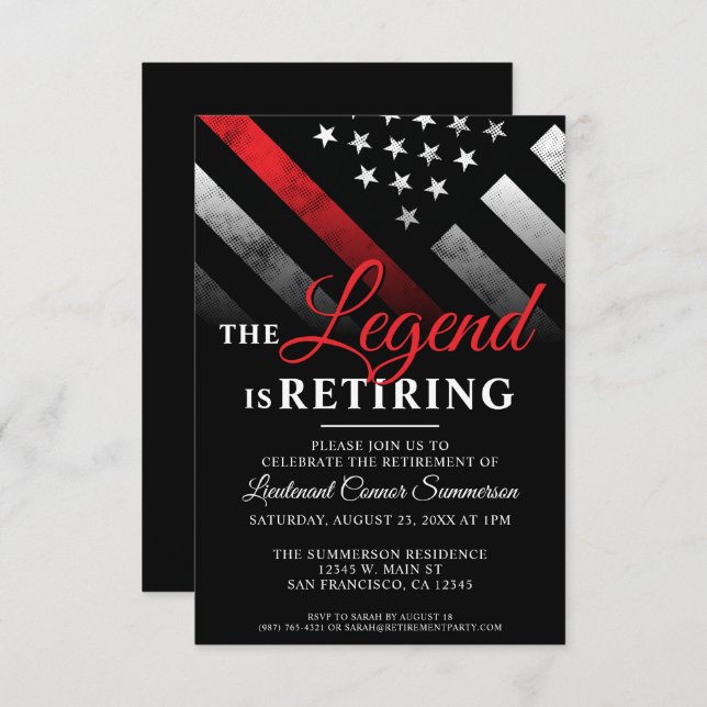 Fireman Thin Red Line Firefighter Retirement Party Invitation (Front/Back)