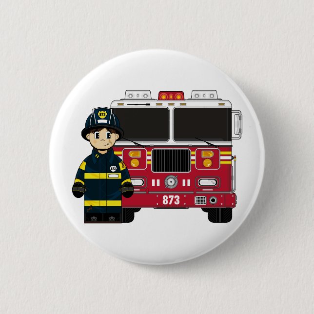 Fireman with Fire Engine Badge Pinback Button (Front)