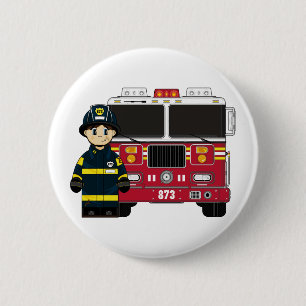 Fireman with Fire Engine Badge Pinback Button