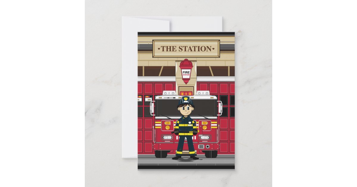Fireman with Fire Engine RSVP Card | Zazzle