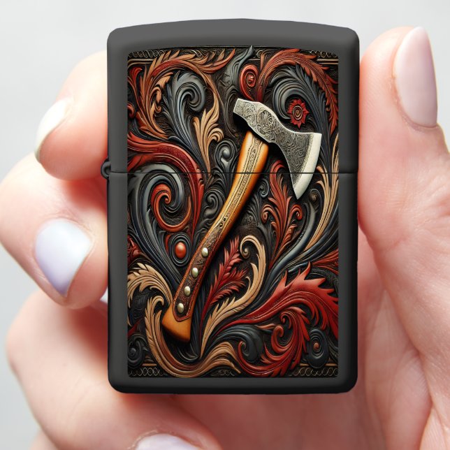 Fireman's Axe Among Ornate Patterns Zippo Lighter (In Hand)