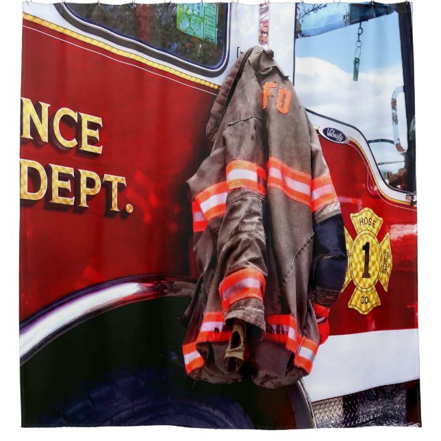 Fireman's Jacket On Fire Truck Shower Curtain (Front)