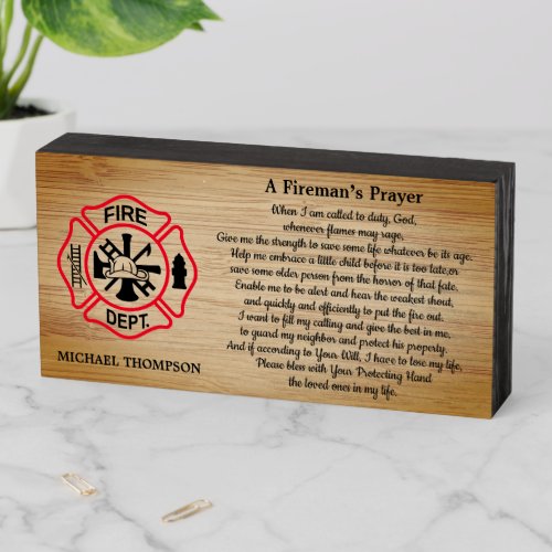 Firemans Prayer Maltese Cross Firefighter Wooden Box Sign