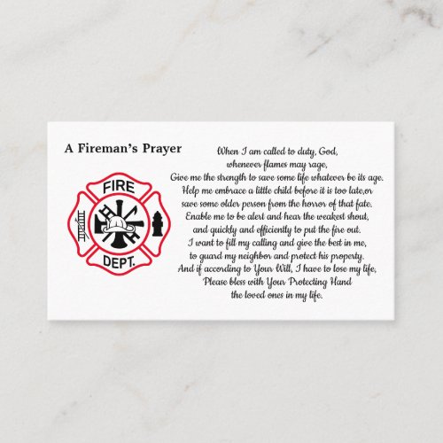 Firemans Prayer Maltese Thin Red Line Firefighter Business Card