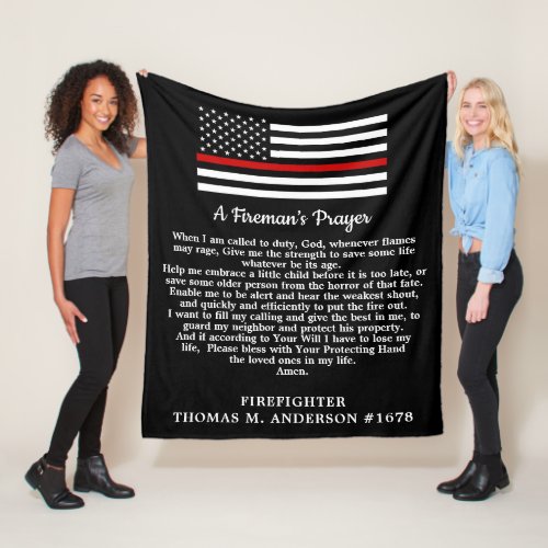 Fireman's Prayer Thin Red Line Firefighter Fleece Blanket - Fireman's Prayer Thin Red Line Blanket - USA American flag design in Firefighter Flag colors, modern with distressed flag design .
This firefighter blanket is perfect for all firefighters and firemen, firefighter graduation gifts and firefighter retirement keepsake. COPYRIGHT © 2020 Judy Burrows, Black Dog Art - All Rights Reserved. Fireman's Prayer Thin Red Line Firefighter Fleece Blanket