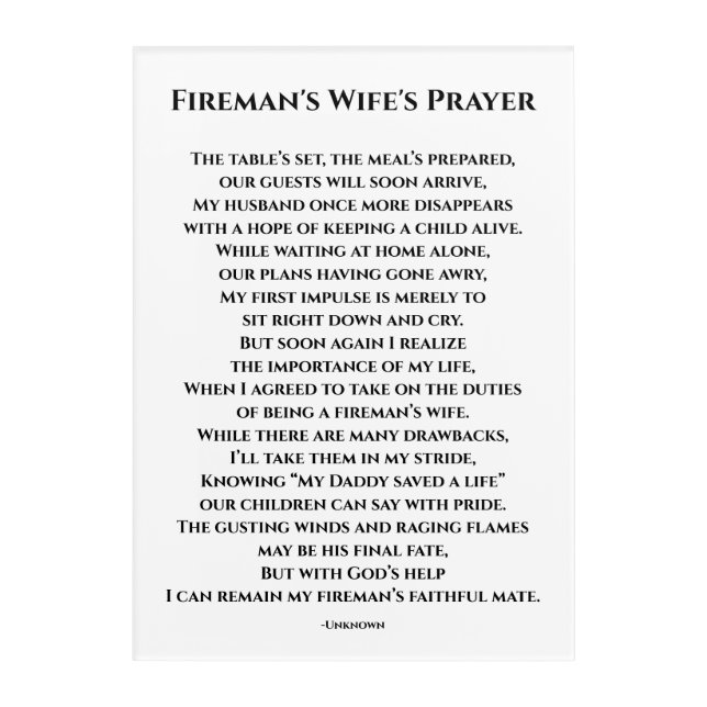 Fireman's Wife's Prayer Acrylic Print (Front)