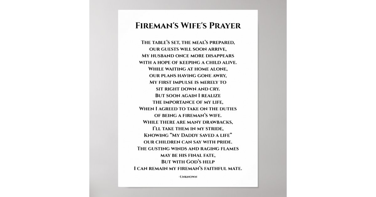 Fireman's Wife's Prayer Poster | Zazzle