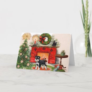 Fireplace And Scnauzer Christmas Card by ChristmasBellsRing at Zazzle