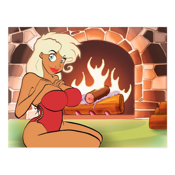 Fireplace Cartoon Pin Up Postcard