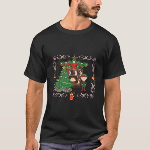 Fireplace Christmas Image Gift Xmas Tree Elfs Pres T_Shirt