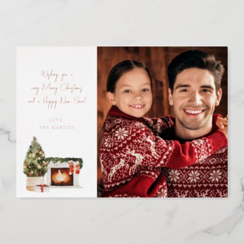 Fireplace Christmas Note Photo Christmas Foil Invitation