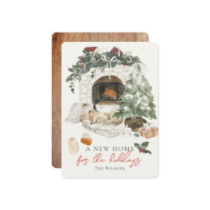 Fireplace Christmas Tree Fox Watercolor New Home H Holiday Card