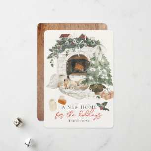 Fireplace Christmas Tree Fox Watercolor New Home H Holiday Card