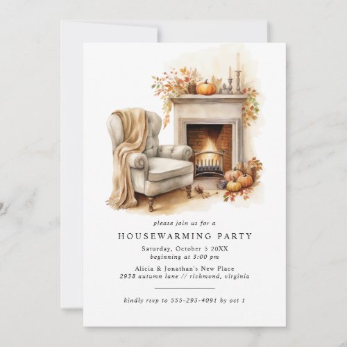 Fireplace  Cozy Fall Autumn Housewarming Party Invitation