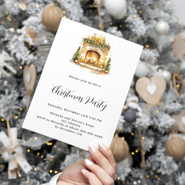 Fireplace cozy home tree Christmas Party Invitation (Creator Uploaded)