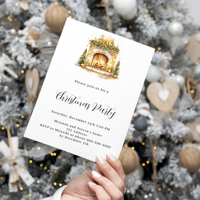Fireplace cozy home tree luxury Christmas Party Invitation (Creator Uploaded)