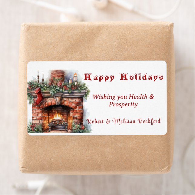 Fireplace Red Stocking Holly Leaves Candles Label (Insitu)