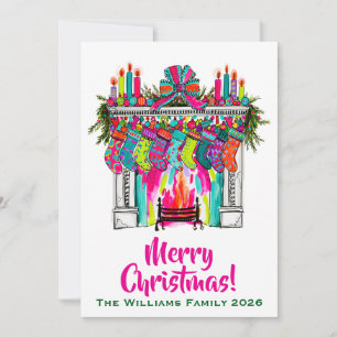 Fireplace Stockings Christmas Pink Boho Holiday Card