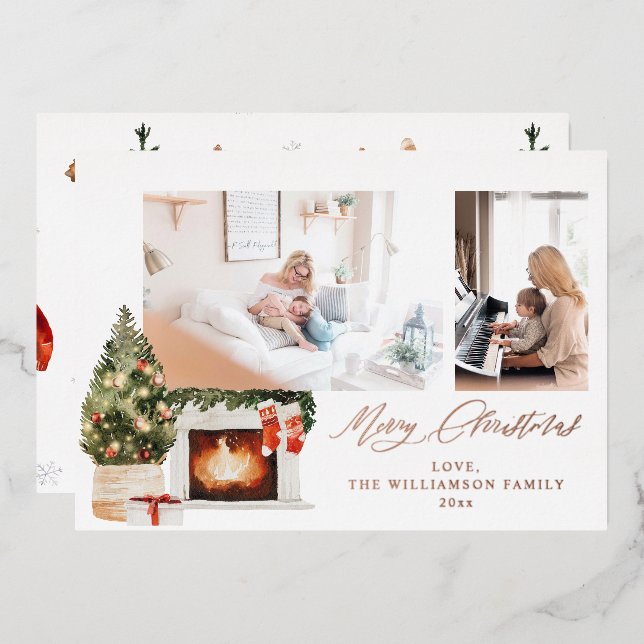 Fireplace Stockings & Christmas Tree Photo  Foil Invitation (Front/Back)