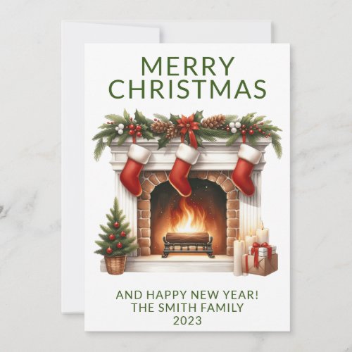 Fireplace Stockings Green Holiday Card