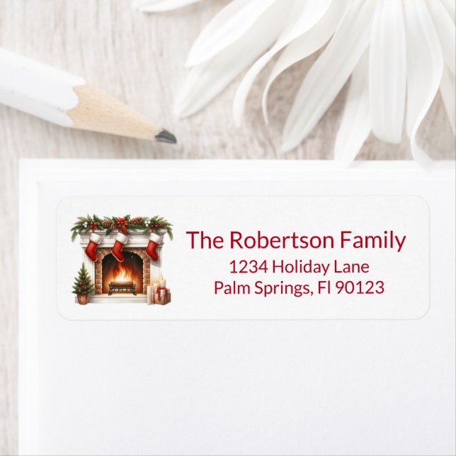 Fireplace Stockings Red Return Address Label (Insitu)