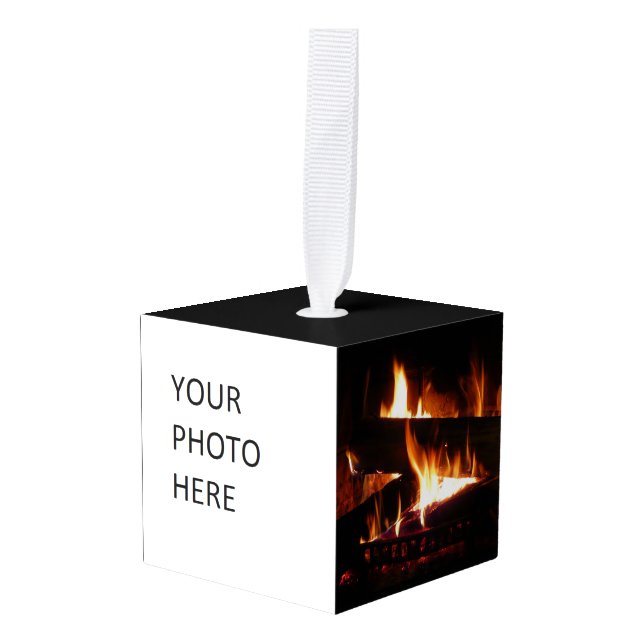 Fireplace Warm Winter Scene Photography Cube Ornament (Front Angled)