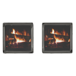 Fireplace Warm Winter Scene Photography Gunmetal Finish Cufflinks