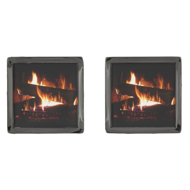 Fireplace Warm Winter Scene Photography Gunmetal Finish Cufflinks (Front)