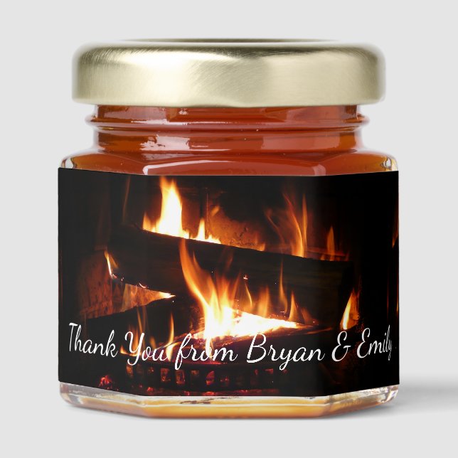 Fireplace Warm Winter Scene Photography Honey Jar Favors (Front)