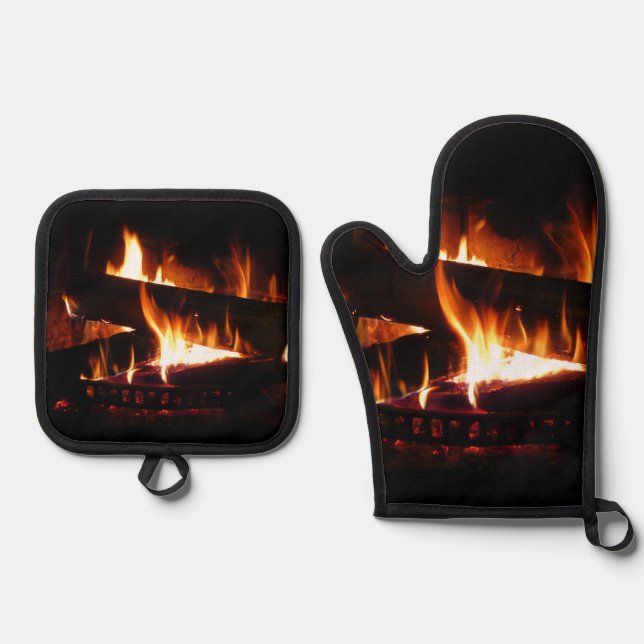 Fireplace Warm Winter Scene Photography Oven Mitt & Pot Holder Set (Front)