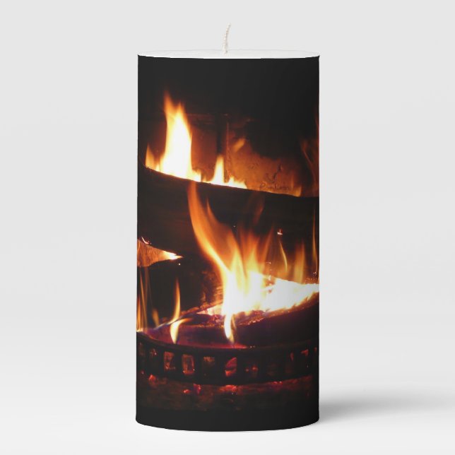Fireplace Warm Winter Scene Photography Pillar Candle (Front)