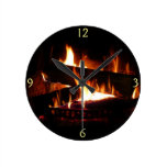 Fireplace Warm Winter Scene Photography Round Clock