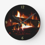 Fireplace Warm Winter Scene Photography Round Clock