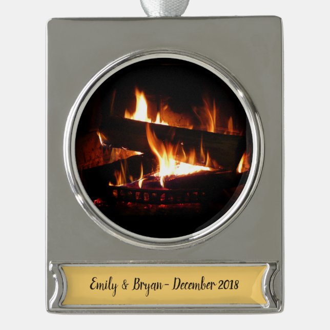 Fireplace Warm Winter Scene Photography Silver Plated Banner Ornament (Front)