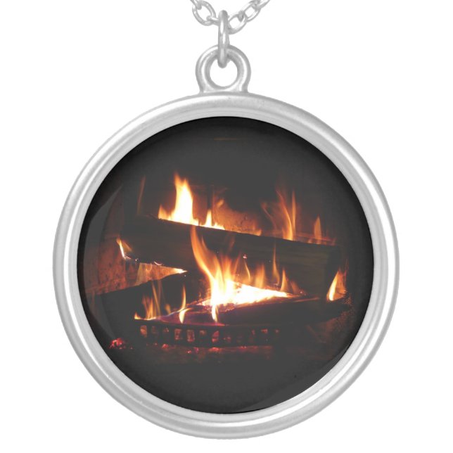 Fireplace Warm Winter Scene Photography Silver Plated Necklace (Front)
