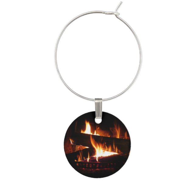 Fireplace Warm Winter Scene Photography Wine Glass Charm (Front)