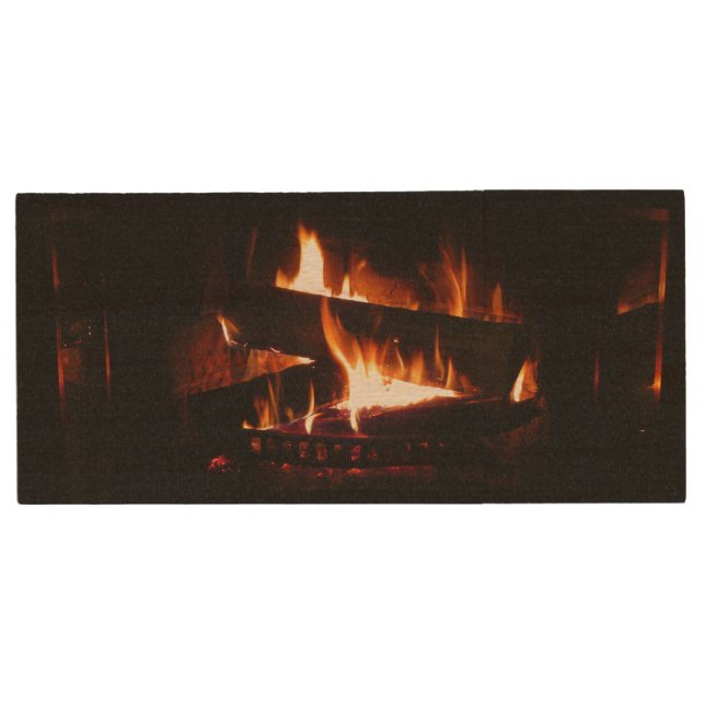 Fireplace Warm Winter Scene Photography Wood Flash Drive (Front)
