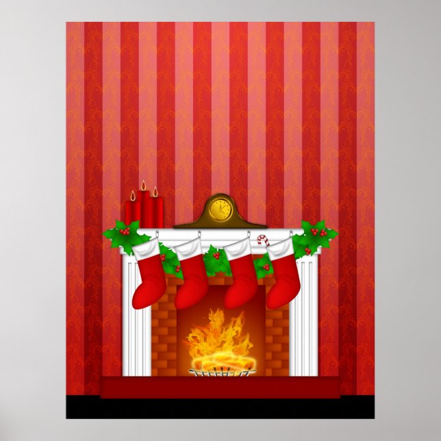 Fireplace with Christmas Decorations Red Wallpaper (Front)