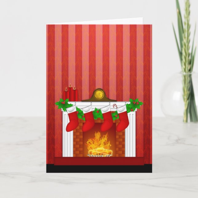 Fireplace with Christmas Decorations Red Wallpaper Holiday Card (Front)