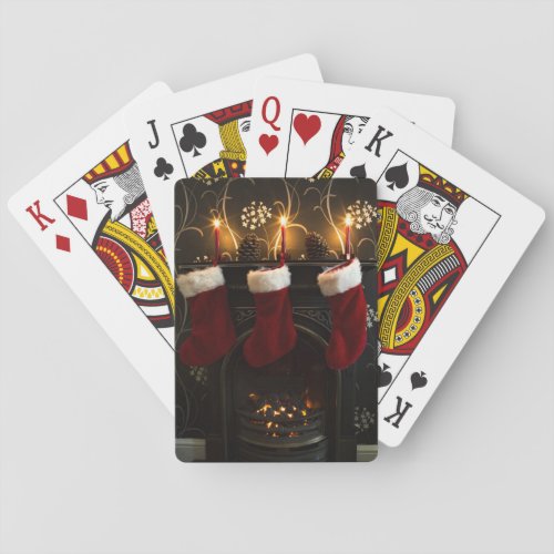 Fireplace with Christmas Stockings Poker Cards