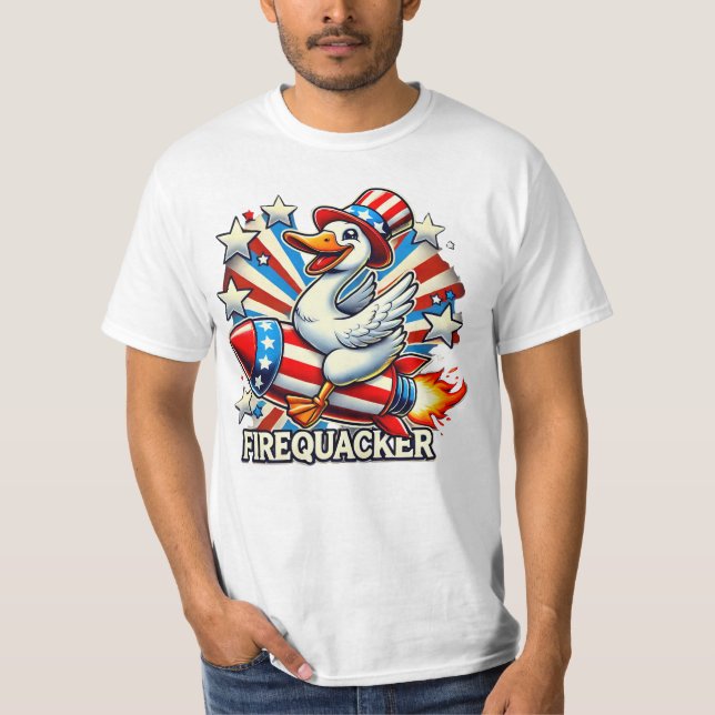 FIREQUACKER – Funny Patriotic Goose on a Rocket T- T-Shirt (Front)