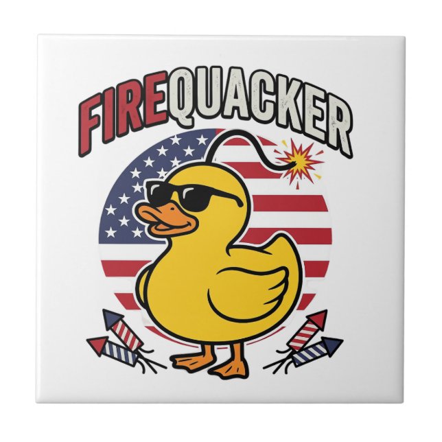 Firequacker Patriotic Duck Fireworks Vector Design Ceramic Tile (Front)