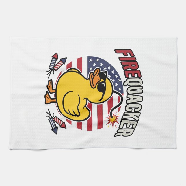 Firequacker Patriotic Duck Fireworks Vector Design Kitchen Towel (Horizontal)