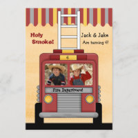 Firetruck 2 Photo Birthday Party Invitation