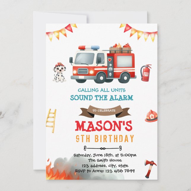 Firetruck and Dalmatian dog invitation (Front)