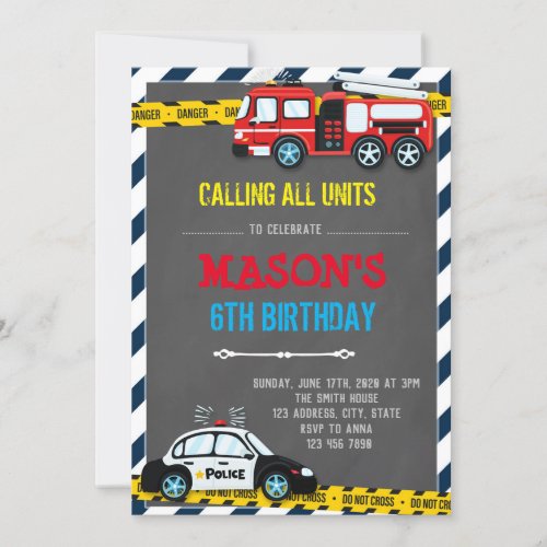 Firetruck and police birthday theme Invitation